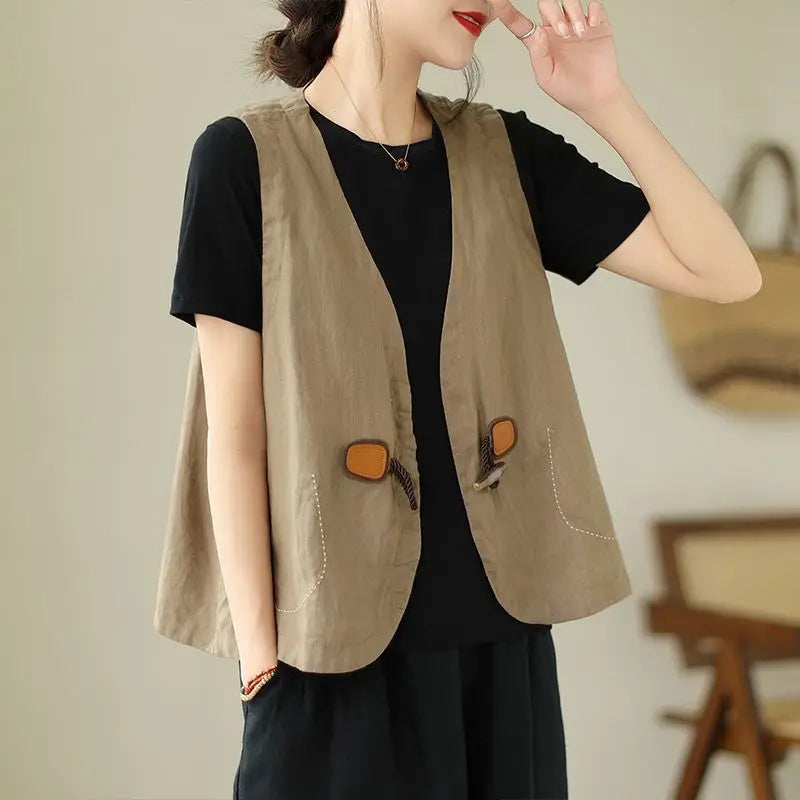 2025 New Spring and Autumn Retro Minimalist Commuting and Leisure Jackets Sleeveless Solid Color Cardigan Women's Vest Coats Top