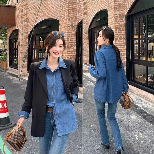 Denim Shirt for Women with Inner Wear Meat Covering Shirt Loose Design Mid-length Casual Jacket