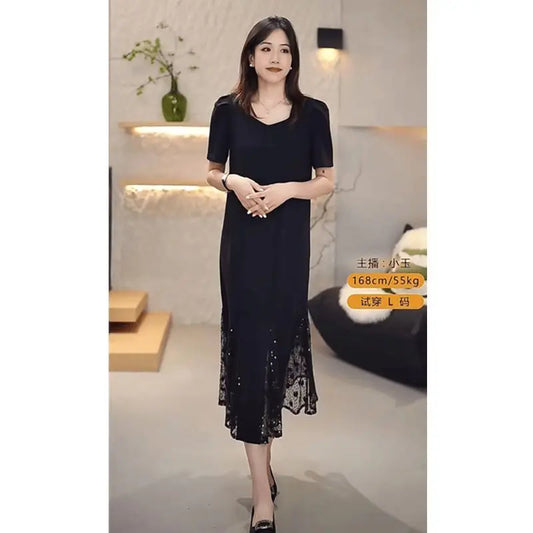 Loose Temperament Lace Spliced short-sleeved Long Skirt, Covering Flesh and Slimming Dress Summer