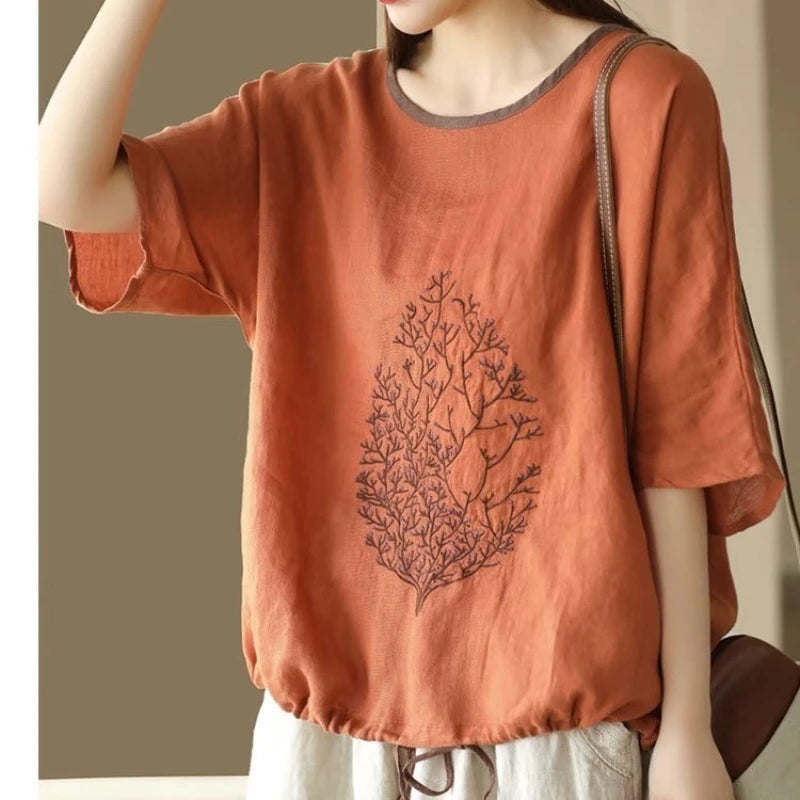 2025 New Summer Chinese Style Fashion Minimalist Loose Half Sleeve Round Neck Printed Embroidered Shirring Women's T-shirt Top