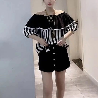 2024 New Summer Young Style Simple Loose Fitting Pullover Short Sleeved Ruffled Neck Striped Color Blocking Women's Shirt Top