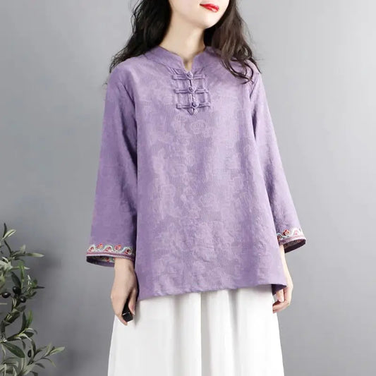 Chinese Style Retro Stand Collar Button Cotton Linen Women's Spring Autumn Folk Embroidery Long Sleeve Pullover Loose Shirt Tops