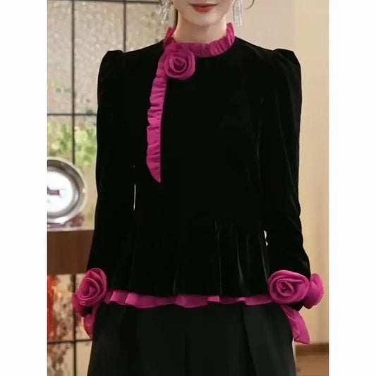 Elegant Women's Ruffled Neck Patchwork Ruched Shirts 2025 Spring and Autumn New Fashion Solid Color Thin Slim Long Sleeved Tops