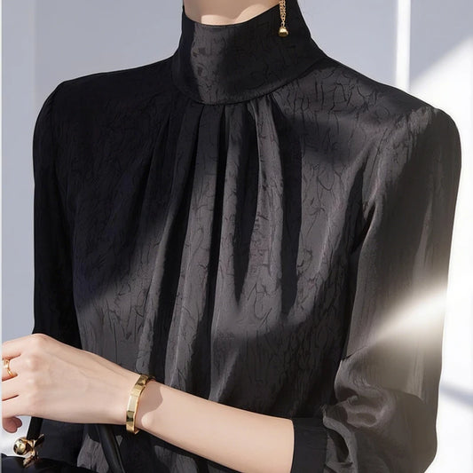 Dark Shirt for Women's Spring New Style High Neck Black Fashionable and Versatile Long-sleeved Shirt