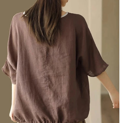 2025 New Summer Chinese Style Fashion Minimalist Loose Half Sleeve Round Neck Printed Embroidered Shirring Women's T-shirt Top