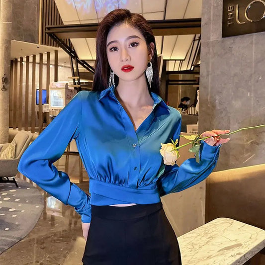 New Early Autumn Temperament Collarbone V-neck Bright Long-sleeved Shirt Korean Style Sexy Fashionable Beautiful Tops for Women