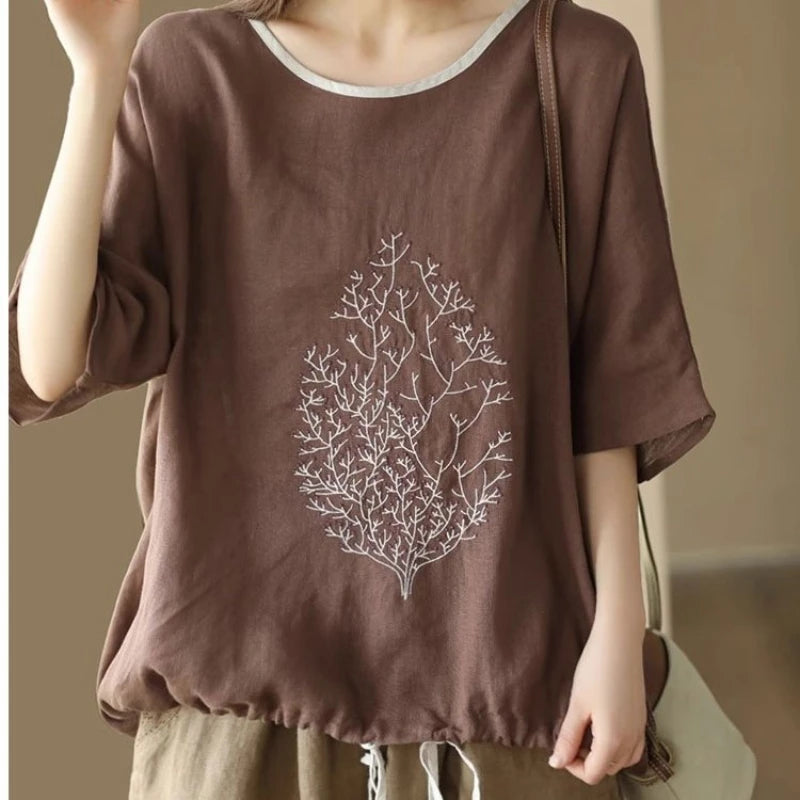 2025 New Summer Chinese Style Fashion Minimalist Loose Half Sleeve Round Neck Printed Embroidered Shirring Women's T-shirt Top