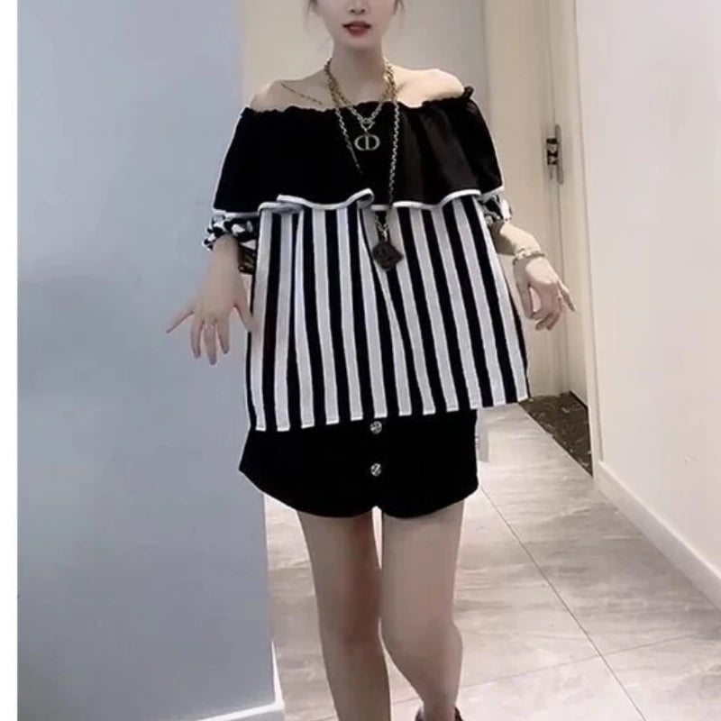 2024 New Summer Young Style Simple Loose Fitting Pullover Short Sleeved Ruffled Neck Striped Color Blocking Women's Shirt Top