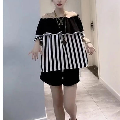 2024 New Summer Young Style Simple Loose Fitting Pullover Short Sleeved Ruffled Neck Striped Color Blocking Women's Shirt Top