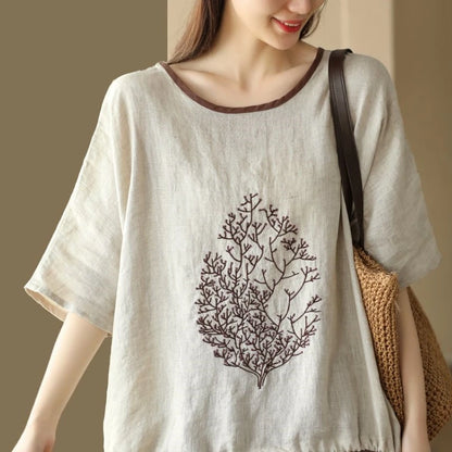 2025 New Summer Chinese Style Fashion Minimalist Loose Half Sleeve Round Neck Printed Embroidered Shirring Women's T-shirt Top