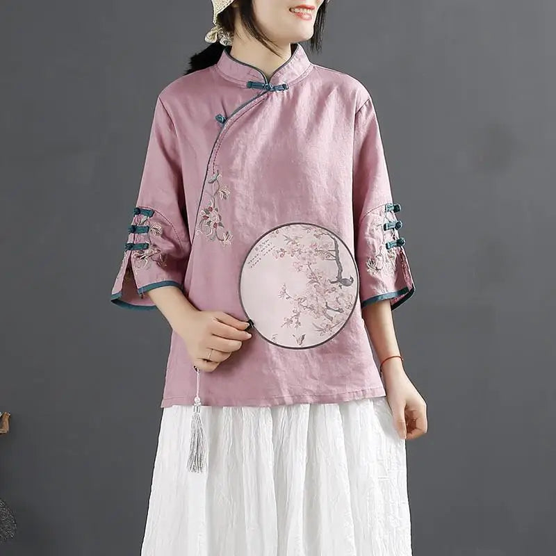 2025 New Chinese Style Retro Cotton Linen Shirt Women's Spring Summer Stand Collar Button Embroidered Three Quarter Loose Tops