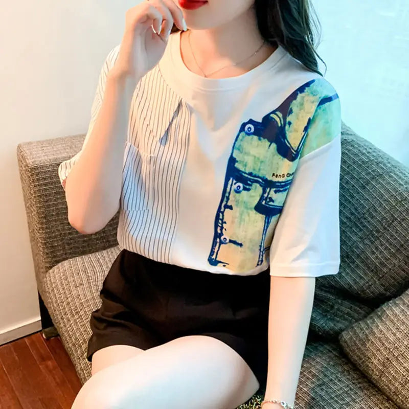 Contrast Color Striped Short-sleeved T-shirt Women's Summer New Fashion Printed Niche Chiffon Top