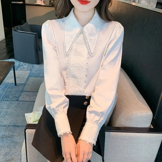 Spring New Style French Point Collar Embroidered Lace Splicing White Shirt Design Long-sleeved Simple Shirt