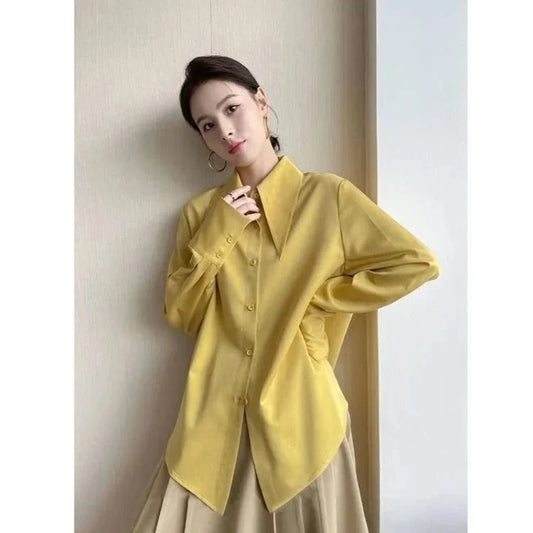 Korean Style Pointed Collar Shirt for Women with Niche Long Sleeve French Draping Loose Professional Loose Shirt