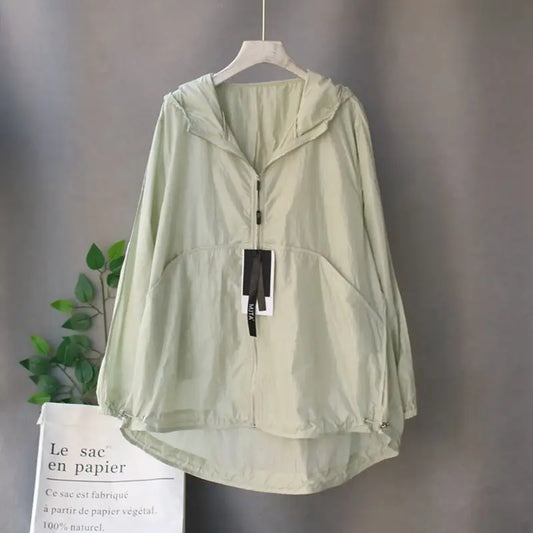 Hooded Loose Candy Color Pleated Sun Protection Clothes for Women in Summer Large Zipper Thin Jacket