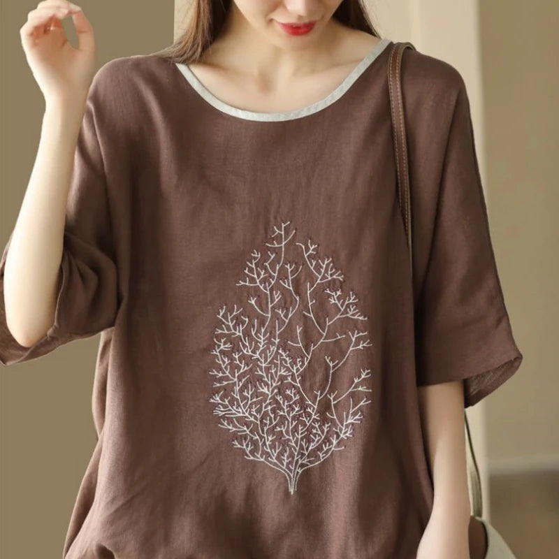 2025 New Summer Chinese Style Fashion Minimalist Loose Half Sleeve Round Neck Printed Embroidered Shirring Women's T-shirt Top