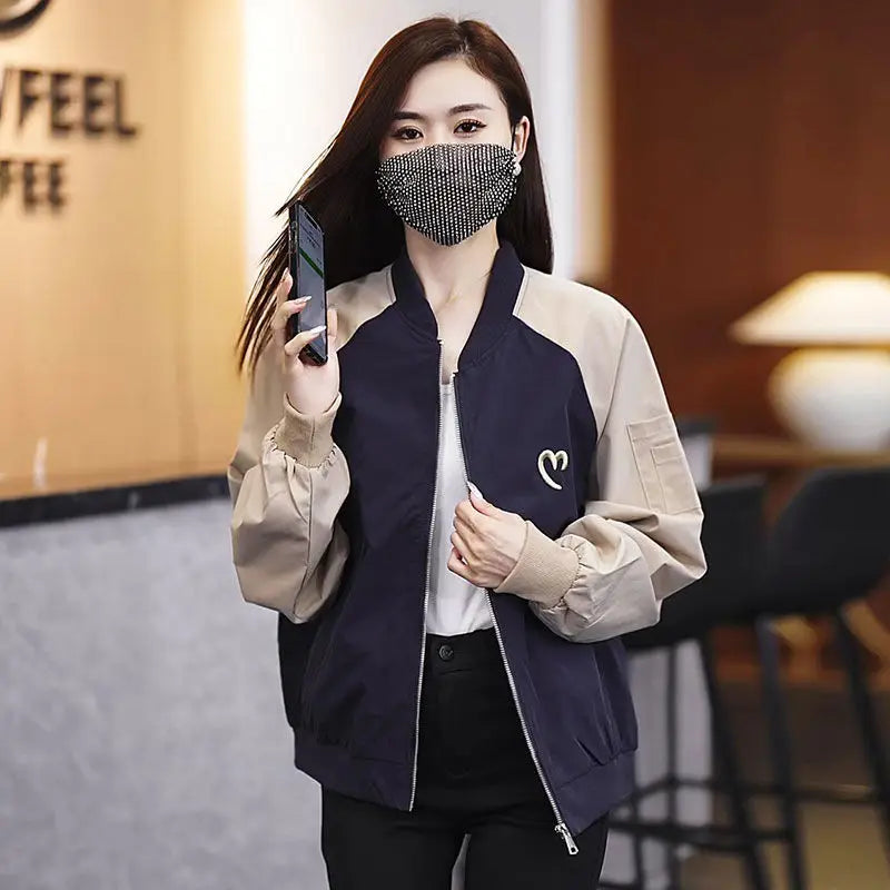 Spring and Autumn Baseball Coat Women's New Popular Loose Contrast Color Jacket Spliced Jacket Top