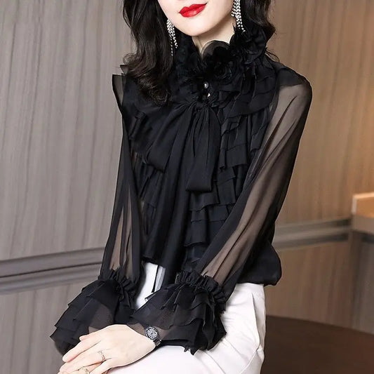 New Retro Hong Kong Style French Light Ruffle Design Niche Professional Chiffon Shirt Tops for Women